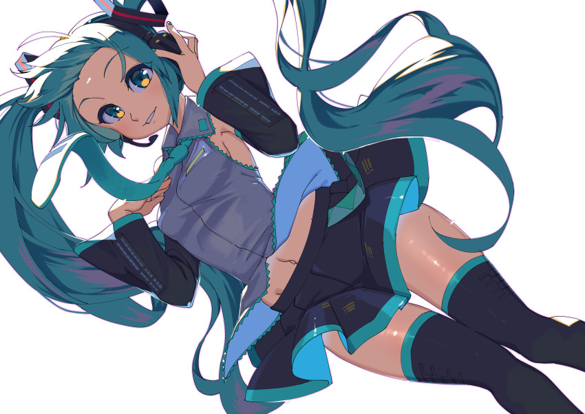 1girl, absurdres, aqua_eyes, aqua_hair, aqua_necktie, backlighting, black_skirt, breasts