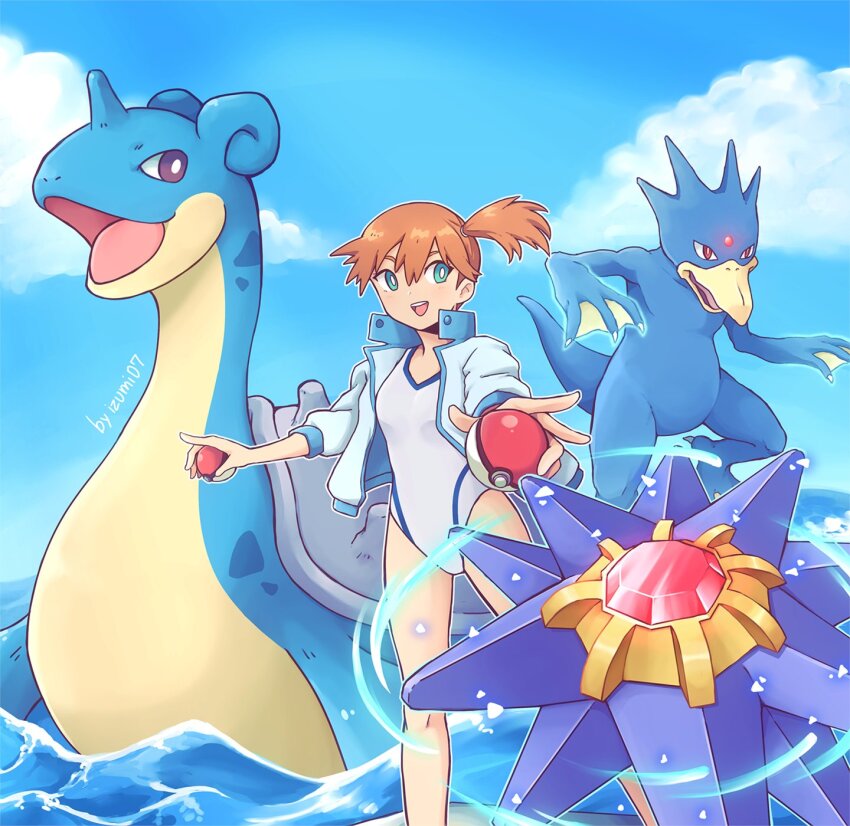 1girl, :d, asymmetrical_hair, blue_eyes, blue_sky, breasts, bright_pupils, cloud