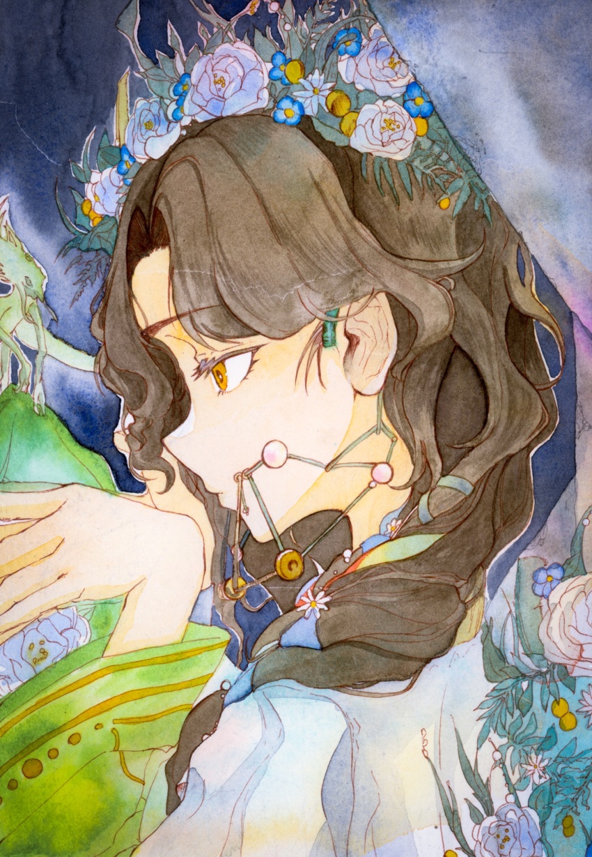 1girl, blue_background, braces, brown_eyes, brown_hair, flower, flower_wreath, from_side, hair_over_shoulder, hakamori_shishamo, hands_up, head_wreath, highres, long_hair, official_alternate_costume, painting_(medium), portrait, profile, reverse:1999, solo, tooth_fairy_(fairies_dancing_at_dawn)_(reverse:1999), tooth_fairy_(reverse:1999), traditional_media, watercolor_(medium), white_flower