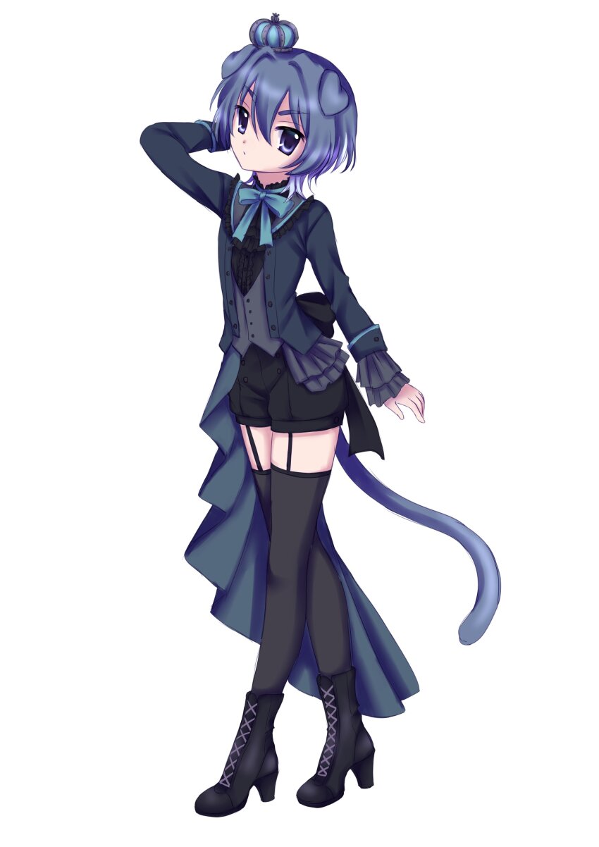 1boy, absurdres, animal_ears, black_boots, black_shirt, black_shorts, blue_eyes, blue_hair