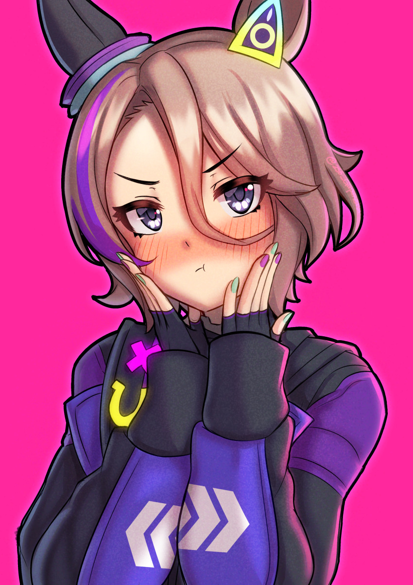 1girl, absurdres, ahoge, animal_ears, black_shirt, blue_eyes, blush, brown_hair