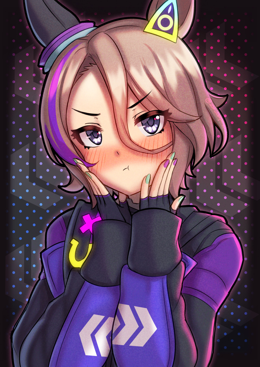 1girl, absurdres, ahoge, animal_ears, black_shirt, blue_eyes, blush, brown_hair