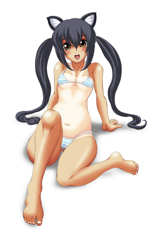 1girl, animal_ears, bad_id, bad_pixiv_id, barefoot, bikini, black_hair, brown_hair