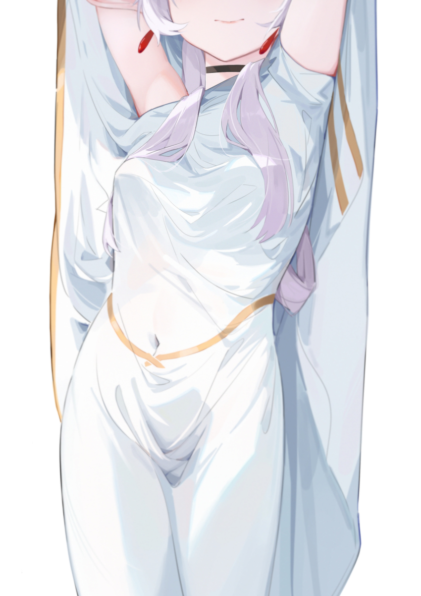 1girl, absurdres, arms_up, black_choker, breasts, choker, closed_mouth, covered_navel