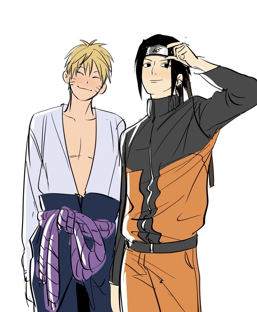 2boys, adjusting_clothes, adjusting_headwear, arm_up, bare_pectorals, black_eyes, black_hair, blonde_hair