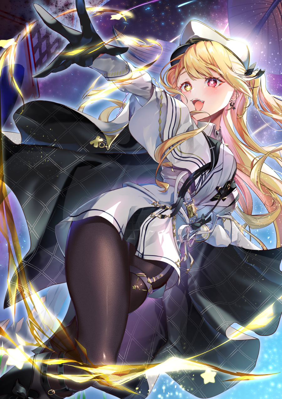 1girl, black_gloves, black_necktie, blonde_hair, coat, collared_shirt, earrings, gloves