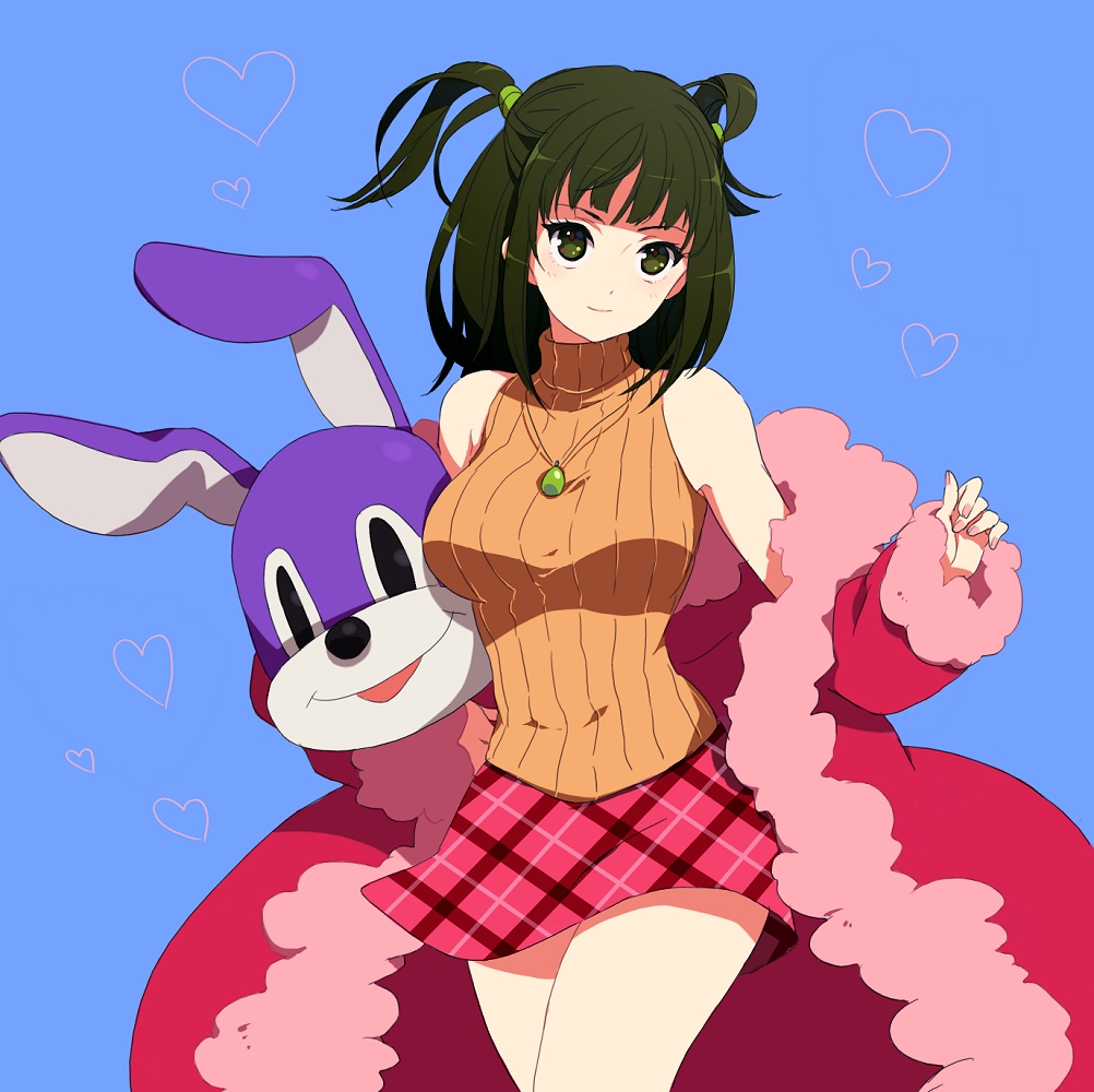 1girl, bad_id, bad_pixiv_id, bare_shoulders, bemani, blue_background, breasts, coat