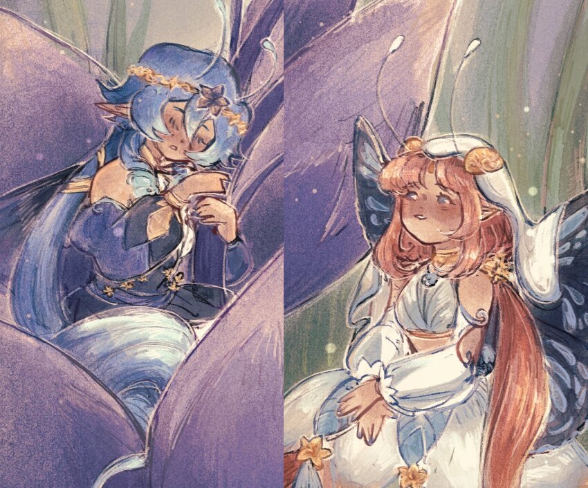 2girls, alternate_design, antennae, arthropod_girl, blue_hair, blush, butterfly_girl, butterfly_wings, commentary, cropped, english_commentary, faux_traditional_media, genshin_impact, insect_wings, layla_(genshin_impact), multiple_girls, naiadite, nilou_(genshin_impact), pointy_ears, red_hair, wings