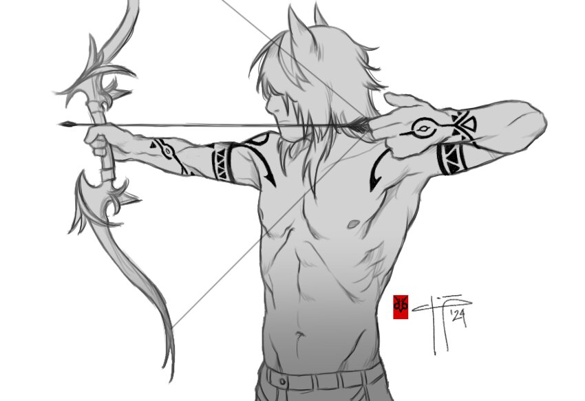 1boy, abs, absurdres, archery, arm_tattoo, arrow_(projectile), bare_pectorals, biceps, bow_(weapon), cokecharon, denim, drawing_bow, genshin_impact, highres, holding, holding_bow_(weapon), holding_weapon, jeans, long_hair, male_focus, mihoyo, muscular, ororon_(genshin_impact), pants, pectorals, solo, tattoo, topless_female, topless_male, weapon