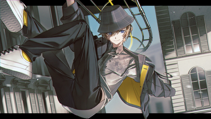 1boy, arm_up, black_pants, blonde_hair, blue_eyes, blue_sky, bucket_hat, building