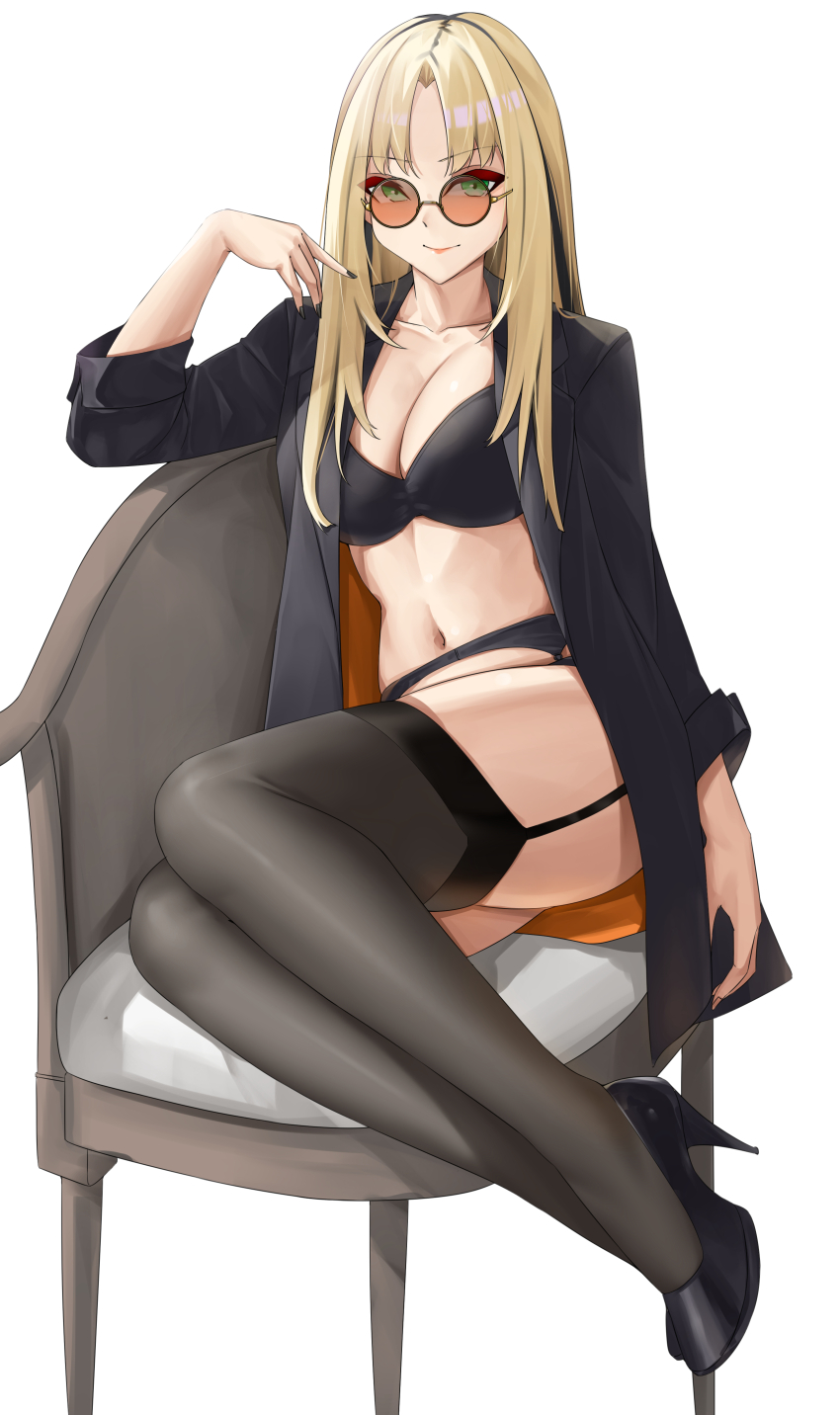 1girl, absurdres, black_bra, black_coat, black_footwear, black_hair, black_nails, black_thighhighs