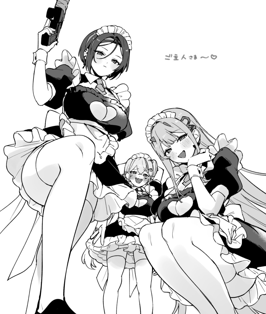 3girls, apron, arm_up, black_dress, blush, breasts, cleavage_cutout, clothing_cutout, crow_(nikke), crow_3434, detached_collar, dress, ear_piercing, exotic_(nikke), facial_mark, fangs, frilled_dress, frills, from_below, goddess_of_victory:_nikke, greyscale, gun, hair_ornament, hairclip, headband, heart, heart_facial_mark, highres, holding, holding_gun, holding_weapon, jackal_(nikke), large_breasts, long_hair, loose_hair_strand, maid, maid_apron, maid_headdress, monochrome, multiple_girls, nail_polish, necktie, open_mouth, piercing, puffy_short_sleeves, puffy_sleeves, short_hair, short_sleeves, smile, squatting, thighhighs, viper_(nikke), weapon, wrist_cuffs