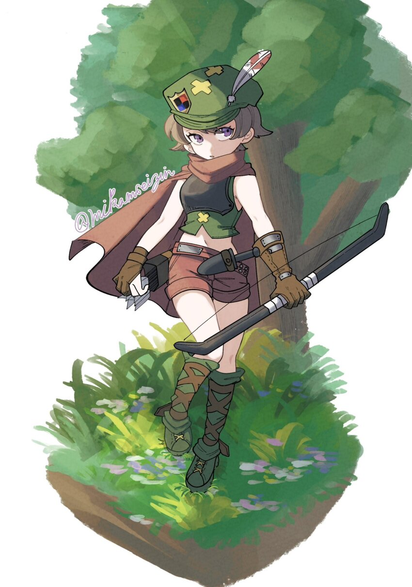 1girl, 2024, armor, arrow_(projectile), bow, bow_(weapon), breastplate, brown_hair