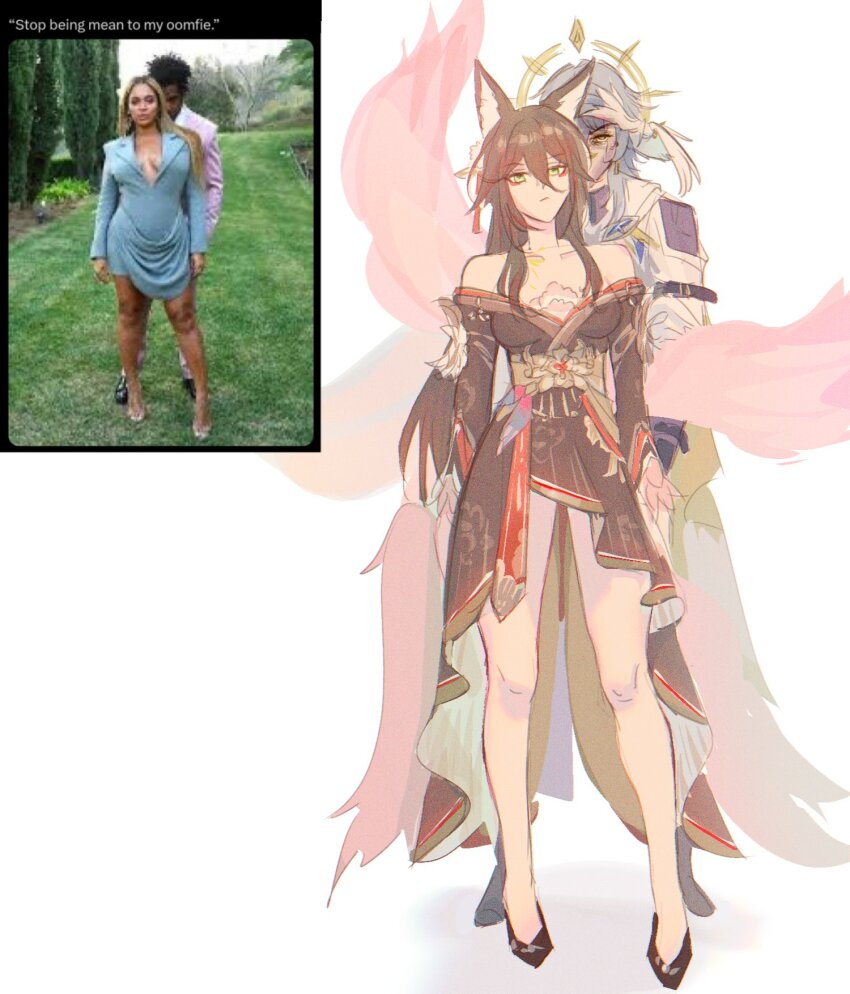 1boy, 1girl, animal_ears, bare_shoulders, beyonce, black_dress, black_footwear, closed_mouth, dress, fox_ears, fox_girl, fox_tail, fugue_(honkai:_star_rail), full_body, gnarlypzofbread, green_eyes, grey_hair, hair_between_eyes, hair_ornament, halo, halo_behind_head, head_wings, highres, honkai:_star_rail, honkai_(series), jay-z, long_hair, long_sleeves, multiple_tails, off-shoulder_dress, off_shoulder, photo-referenced, reference_inset, simple_background, sunday_(honkai:_star_rail), tail, tassel, tassel_hair_ornament, tingyun_(honkai:_star_rail), very_long_hair, white_background, wings, yellow_eyes