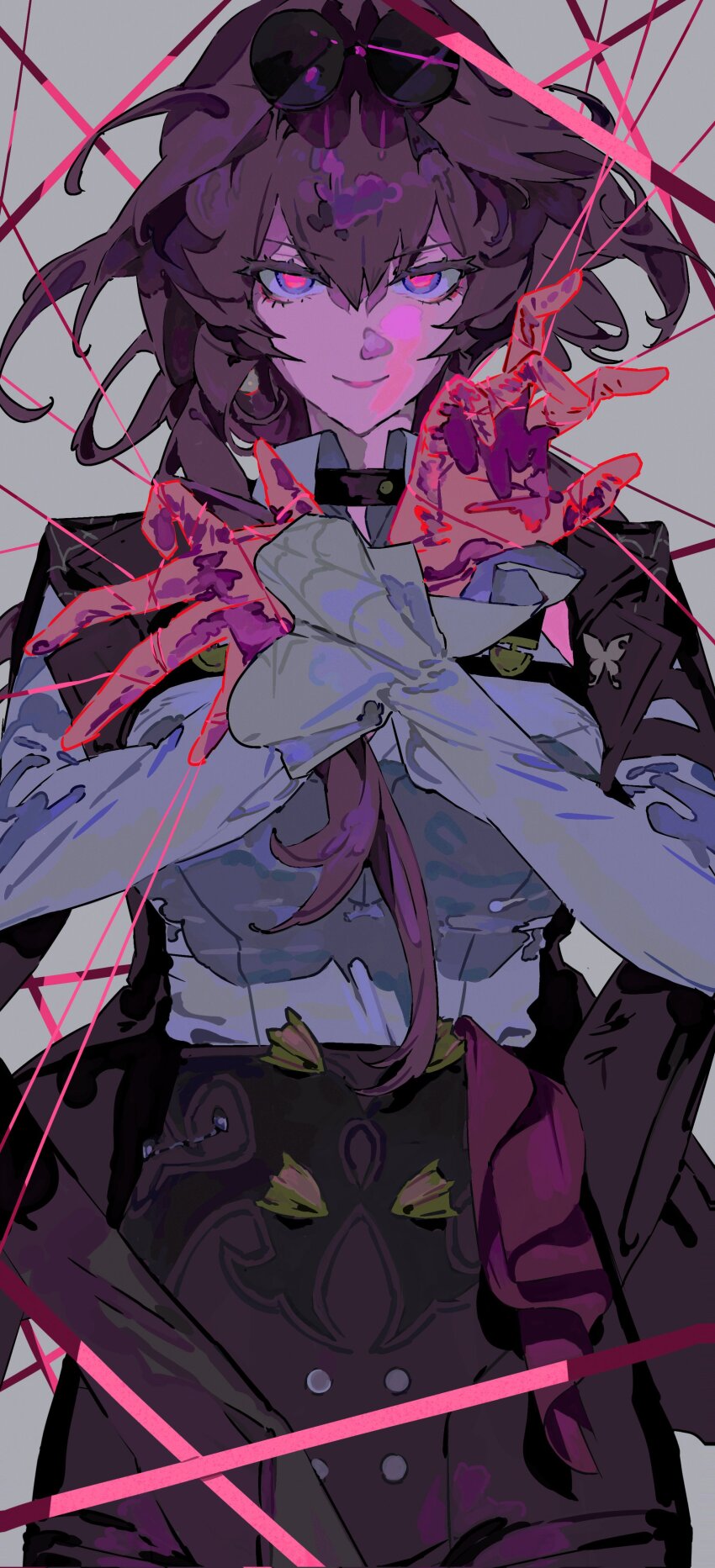 1girl, absurdres, an1th1ngnb, black_jacket, black_shorts, blue_eyes, collared_shirt, corrupted_twitter_file, cowboy_shot, eyewear_on_head, frilled_sleeves, frills, gloves, grey_background, hair_between_eyes, high-waist_shorts, highres, honkai:_star_rail, honkai_(series), jacket, kafka_(honkai:_star_rail), long_hair, long_sleeves, looking_at_viewer, pink_pupils, purple_hair, round_eyewear, shirt, shorts, simple_background, smile, solo, string, sunglasses, white_shirt