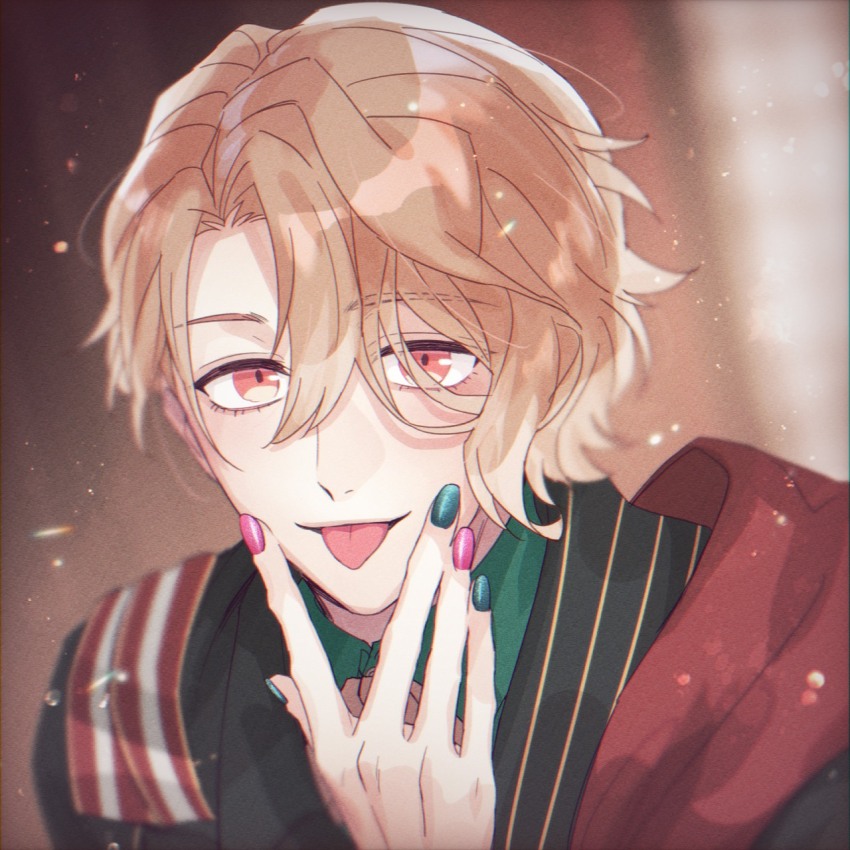 1boy, androgynous, asmodeus_(obey_me!), asymmetrical_bangs, blue_nails, blurry, blurry_background, collared_shirt