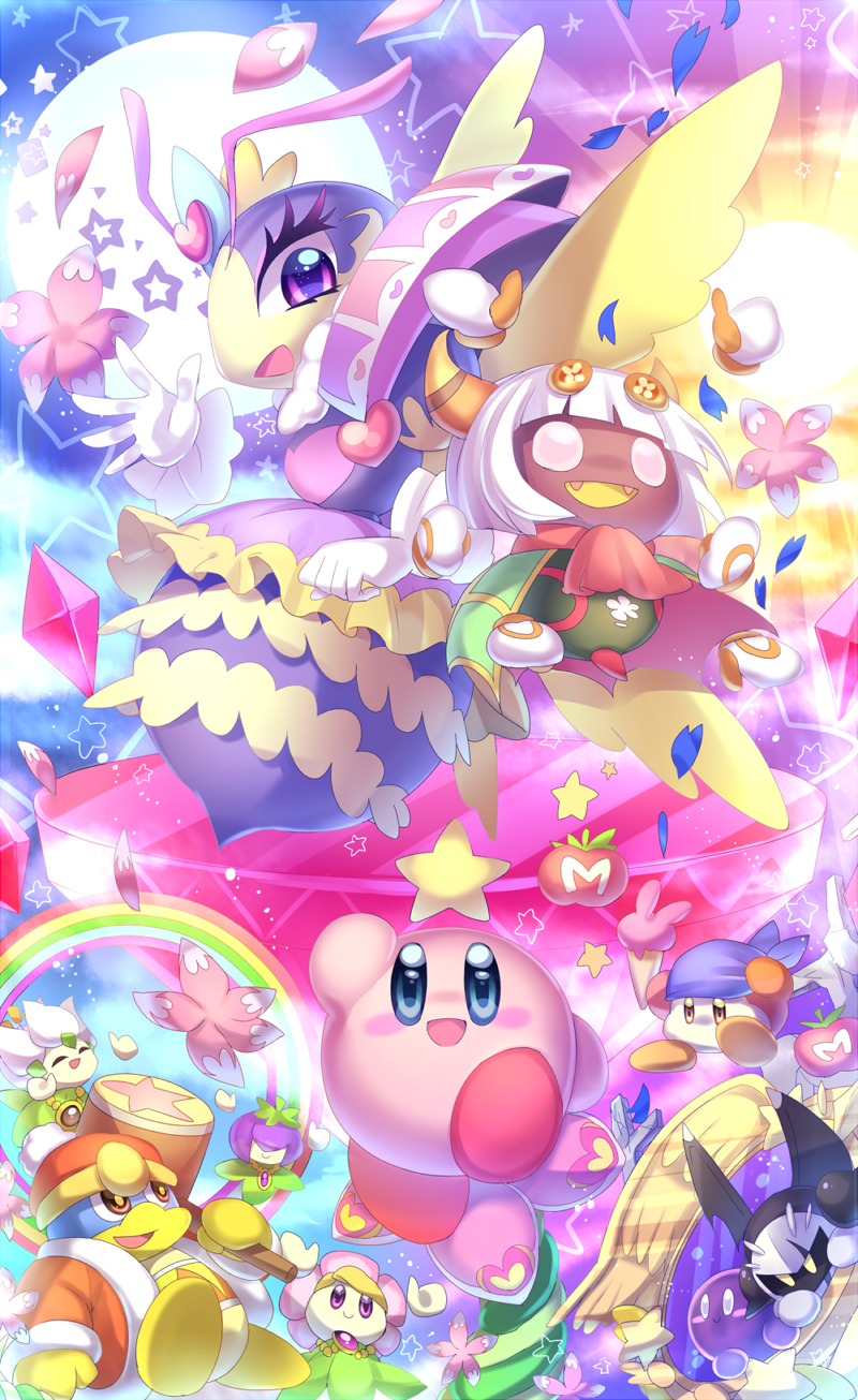 4girls, ^_^, animal-themed_food, antennae, aoi_rena, arthropod_girl, ascot, bandana, bandana_waddle_dee, beanie, bee_girl, black_skin, blonde_hair, blue_bandana, blue_eyes, blush_stickers, brooch, cape, closed_eyes, cloud, collar, colored_skin, colored_tongue, commentary_request, covered_eyes, crystal, dark_meta_knight, dark_skin, day, dimension_mirror, extra_eyes, extra_hands, eyelashes, fangs, flower, flower_as_hat, food, frilled_gloves, frilled_skirt, frills, full_moon, fur-trimmed_robe, fur-trimmed_sleeves, fur_trim, gem, gloves, green_cape, hammer, hand_on_headwear, happy, hat, heart, heart_brooch, heart_print, highres, holding, holding_food, holding_hammer, holding_ice_cream, holding_ice_cream_cone, huge_weapon, ice_cream, ice_cream_cone, insect_girl, jewelry, king_dedede, kirby:_triple_deluxe, kirby_(series), light_particles, lily_(flower), long_sleeves, looking_up, medici_collar, miniskirt, moon, multiple_girls, night, nintendo, no_humans, open_mouth, people_of_the_sky, petals, pink_collar, pink_eyes, pink_flower, pink_skin, plant, pom_pom_(clothes), pom_pom_beanie, poster_(object), purple_skin, purple_skirt, queen_sectonia, rabbit, rainbow, rayman_limbs, red_ascot, red_cape, red_footwear, red_gem, red_hat, red_robe, robe, scar, scar_across_eye, scar_on_face, shadow_kirby, shoes, short_hair, skirt, smile, solid_circle_eyes, solid_oval_eyes, spider_web_print, star_(symbol), sun, sunlight, sunrise, taranza, tomato, two-sided_cape, two-sided_fabric, very_short_hair, vines, weapon, white_eyes, white_flower, white_gloves, white_mask, wings, yellow_eyes, yellow_gloves, yellow_tongue, yellow_wings