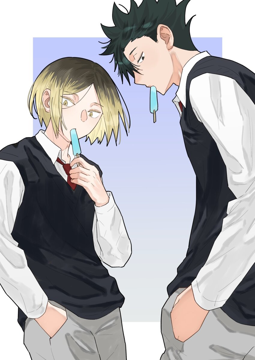 2boys, arm_up, black_hair, black_vest, blonde_hair, border, brown_hair, collared_shirt