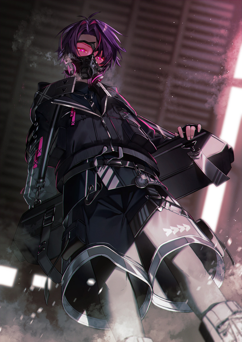 1boy, absurdres, arm_at_side, bag, belt, black_gloves, black_jacket, black_pants, black_shorts, blurry, blurry_background, bright_pupils, commentary_request, dust, feet_out_of_frame, fingerless_gloves, from_below, garage, gas_mask, gloves, highres, jacket, jisshu, looking_at_viewer, male_focus, mask, multicolored_hair, nijisanji, pants, pants_under_shorts, pink_eyes, purple_hair, red_hair, shorts, solo, streaked_hair, virtual_youtuber, visible_air, watarai_hibari, watarai_hibari_(3rd_costume), white_pupils