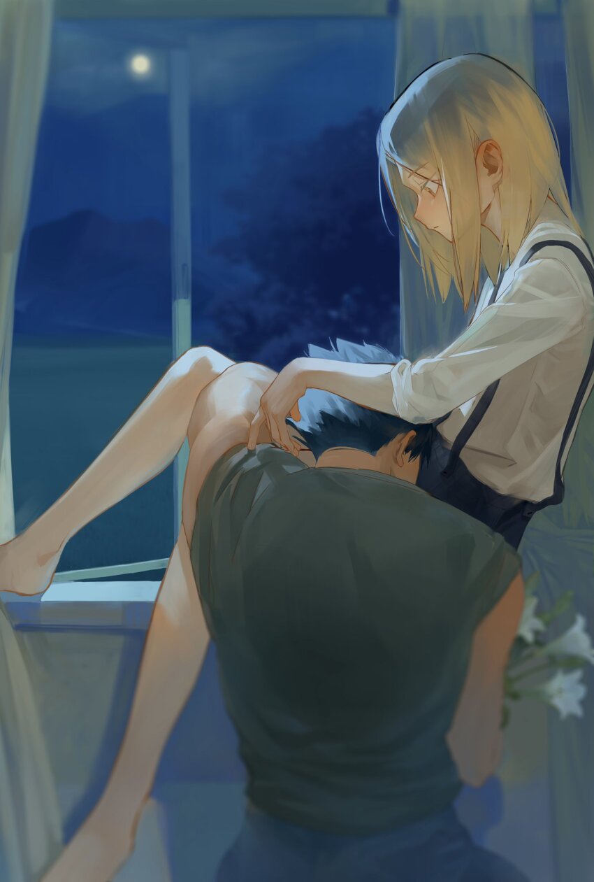 2boys, bare_legs, barefoot, black_hair, black_shorts, blonde_hair, blue_pants, closed_mouth, couple, curtains, denim, dress_shirt, field, flower, full_moon, grass, green_shirt, haikyuu!!, hand_on_another's_head, highres, jeans, kneeling, kozume_kenma, kuroo_tetsurou, long_hair, long_sleeves, looking_at_another, male_focus, moon, mountain, multiple_boys, night, on_windowsill, pants, profile, shirt, short_hair, shorts, sky, sleeveless, sleeveless_shirt, suspenders, tree, white_flower, white_shirt, window, windowsill, yaoi, yellow_eyes, yixixi