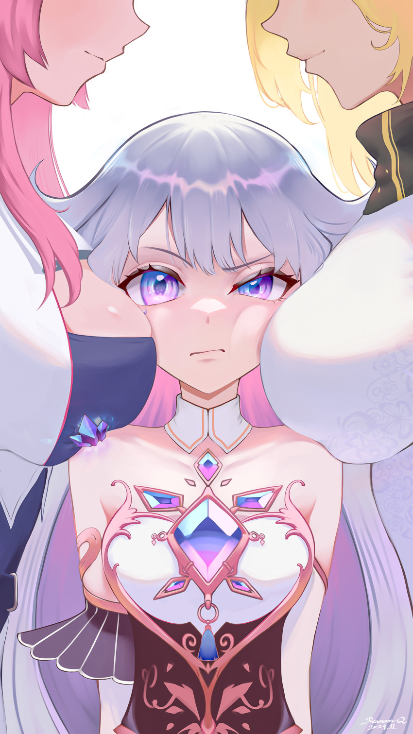 3girls, absurdres, annoyed, bare_shoulders, between_breasts, black_corset, blonde_hair, breast_envy, breasts, center-flap_bangs, chest_jewel, closed_mouth, colored_inner_hair, commentary, corset, detached_collar, detached_sleeves, double-parted_bangs, dreamoon-q, dress, gem, gradient_hair, grey_hair, hair_flaps, head_between_breasts, highres, hololive, hololive_english, hololive_indonesia, jewel_under_eye, kaela_kovalskia, kaela_kovalskia_(1st_costume), koseki_bijou, koseki_bijou_(1st_costume), large_breasts, long_hair, looking_at_viewer, medium_breasts, multicolored_hair, multiple_girls, pink_hair, purple_eyes, purple_gem, raora_panthera, raora_panthera_(1st_costume), sandwiched, simple_background, sleeveless, sleeveless_dress, smile, solo_focus, strapless, strapless_dress, untranslatable_commentary, upper_body, very_long_hair, virtual_youtuber, white_background, white_dress