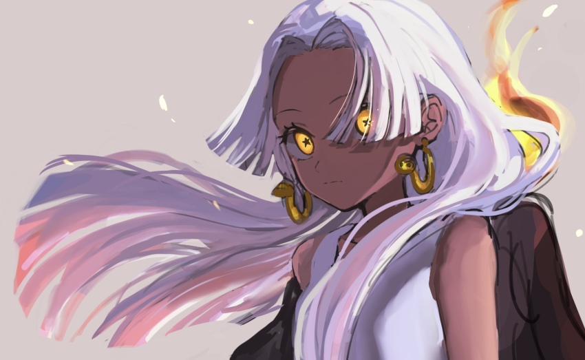 1girl, black_wings, dark-skinned_female, dark_skin, dress, earrings, fire, grey_background