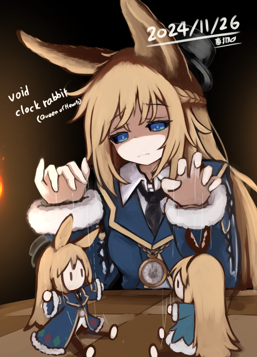 1girl, 2024, alice_(grimms_echoes), animal_ears, black_hat, black_necktie, black_sclera, blonde_hair, blue_coat, blue_eyes, braid, breasts, clock_pendant, coat, colored_sclera, dated, doll, grimms_echoes, hat, highres, long_hair, looking_down, necktie, puppeteering, rabbit_ears, shaded_face, sitting, solo, stuffed_toy, table, top_hat, touko_olivia, upper_body, void_white_rabbit_(grimms_echoes), white_rabbit_(grimms_echoes)