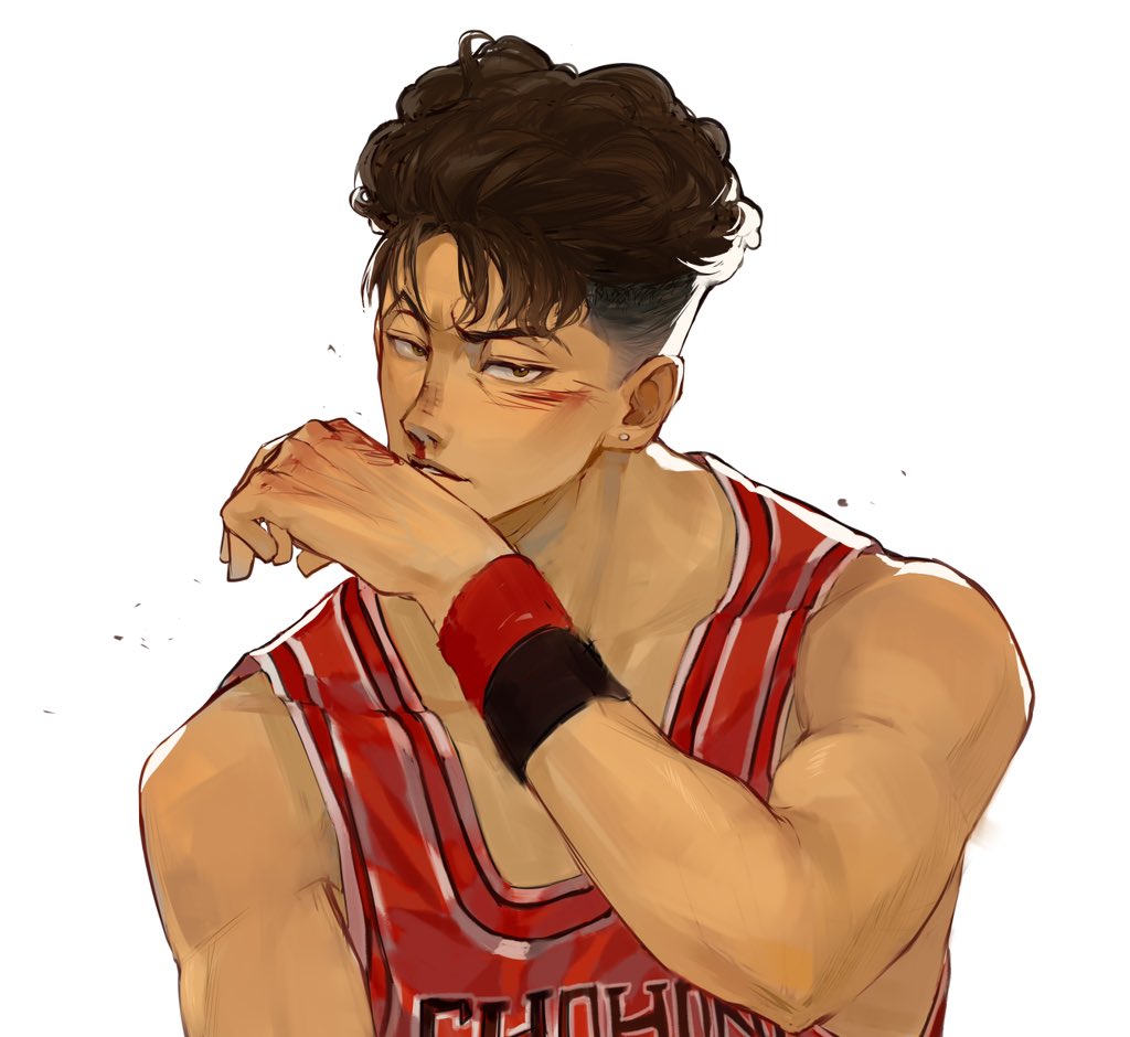 1boy, arm_up, armband, bare_shoulders, basketball_jersey, basketball_uniform, blood, blood_on_face, blood_on_hands, brown_eyes, brown_hair, collarbone, commentary, dark-skinned_male, dark_skin, ear_piercing, earrings, hashtag-only_commentary, jewelry, jitome, looking_at_viewer, male_focus, miyagi_ryouta, nosebleed, parted_lips, piercing, romaji_text, short_hair, simple_background, slam_dunk_(series), solo, sportswear, stud_earrings, upper_body, wavy_hair, white_background, wiping, wiping_face, yixixi