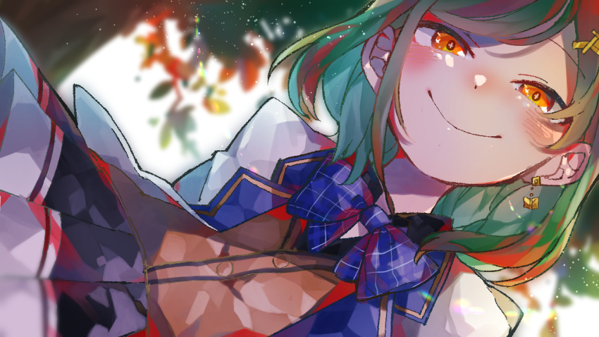 1girl, black_skirt, blue_bow, blue_bowtie, blurry, blurry_background, bow, bowtie