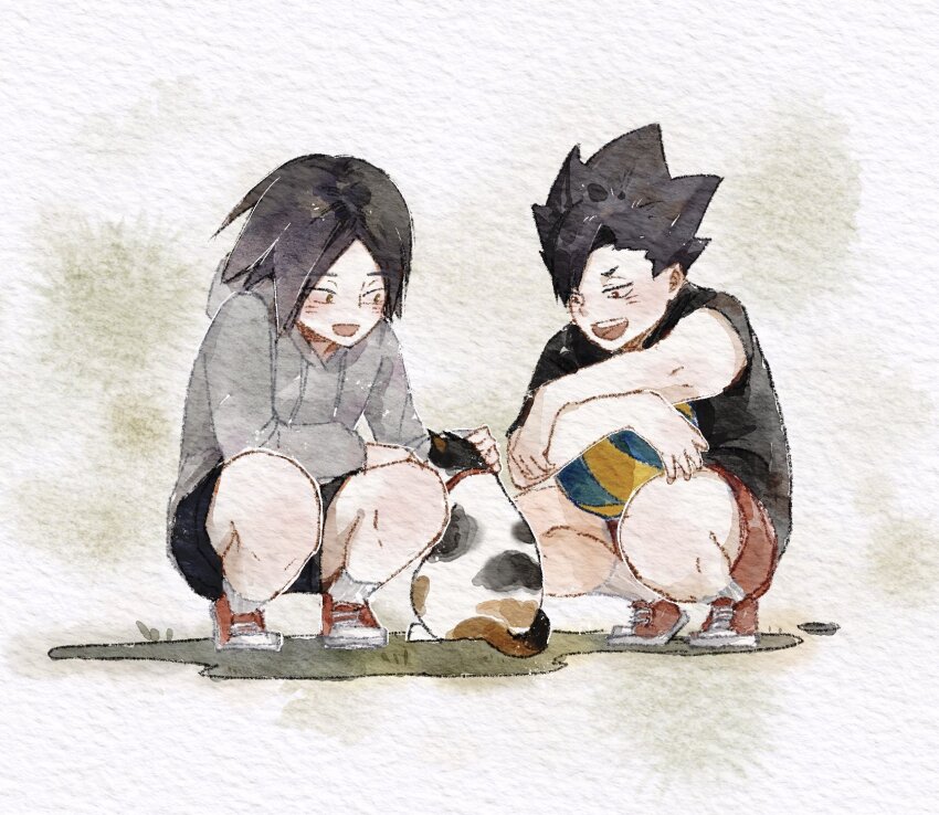 2boys, aged_down, animal, animal_collar, ball, black_hair, black_shirt, blush
