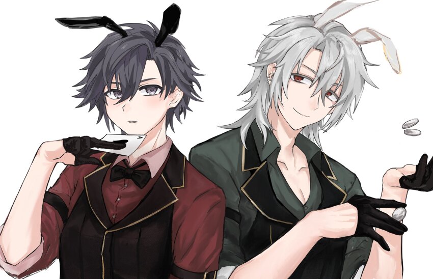 2boys, animal_ears, black_eyes, black_gloves, black_hair, bow, bowtie, card
