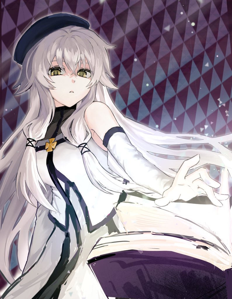 1girl, altina_orion, bare_shoulders, beret, blue_hat, book, breasts, detached_sleeves, double-parted_bangs, dress, eiyuu_densetsu, floating_hair, green_eyes, hair_between_eyes, hat, just_passerbyc, kai_no_kiseki, kuro_no_kiseki_(series), long_hair, open_book, sidelocks, simple_background, small_breasts, solo, white_hair