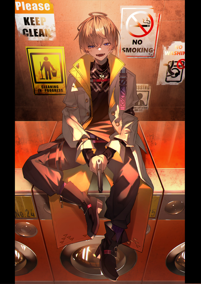 1boy, absurdres, black_footwear, black_pants, blonde_hair, blue_eyes, coat, commentary_request