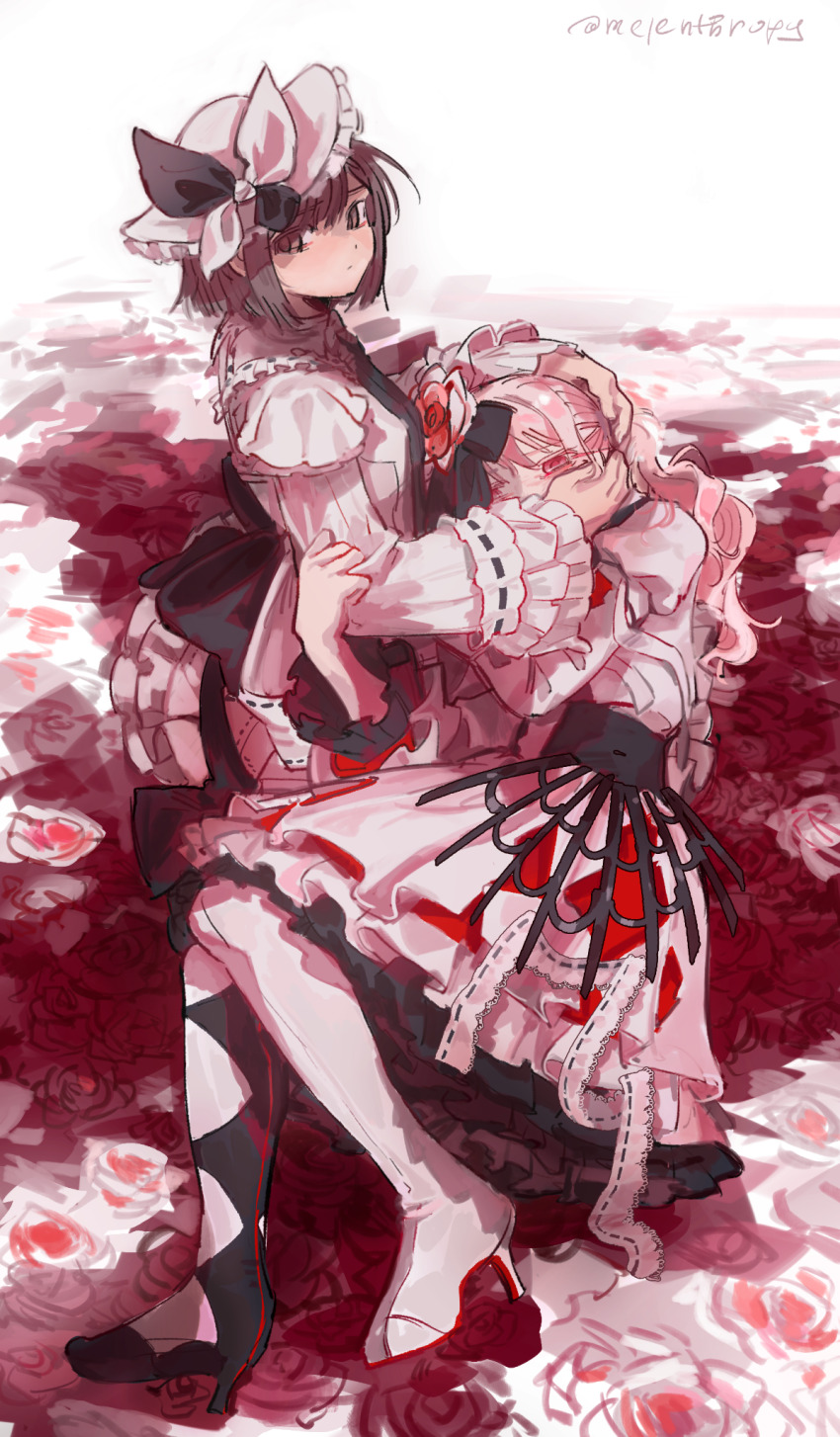 1girl, 1other, akiyama_mizuki, blood, bob_cut, boots, brown_eyes, brown_hair, commentary, crinoline, dress, english_commentary, flower, hat, high_heel_boots, high_heels, highres, keikyoku_no_machi_wa_doko_e_(project_sekai), long_sleeves, lying, melenthropy, official_alternate_costume, pink_eyes, pink_hair, project_sekai, rose, shinonome_ena, short_hair, white_dress, white_hat