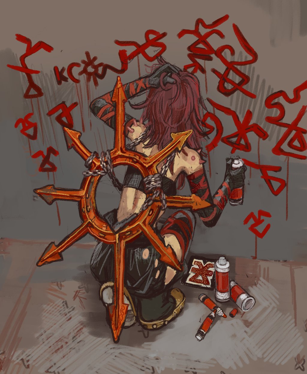 1girl, back, bandeau, bare_shoulders, black_bandeau, black_gloves, black_skirt, black_thighhighs, brown_shoes, chain, chaos_(warhammer), chaos_undivided_(symbol), concrete, cultist-chan, dripping, elbow_gloves, from_behind, full_body, gloves, graffiti, hand_in_own_hair, hand_on_own_head, highres, khorne_(symbol), legs_together, long_hair, marker, midriff, mossacannibalis, red_hair, red_paint, shoes, shoulder_spikes, sign_of_khorne, skirt, solo, spikes, spray_can, spray_paint, squatting, thighhighs, thighs, torn_clothes, torn_skirt, warhammer_40k