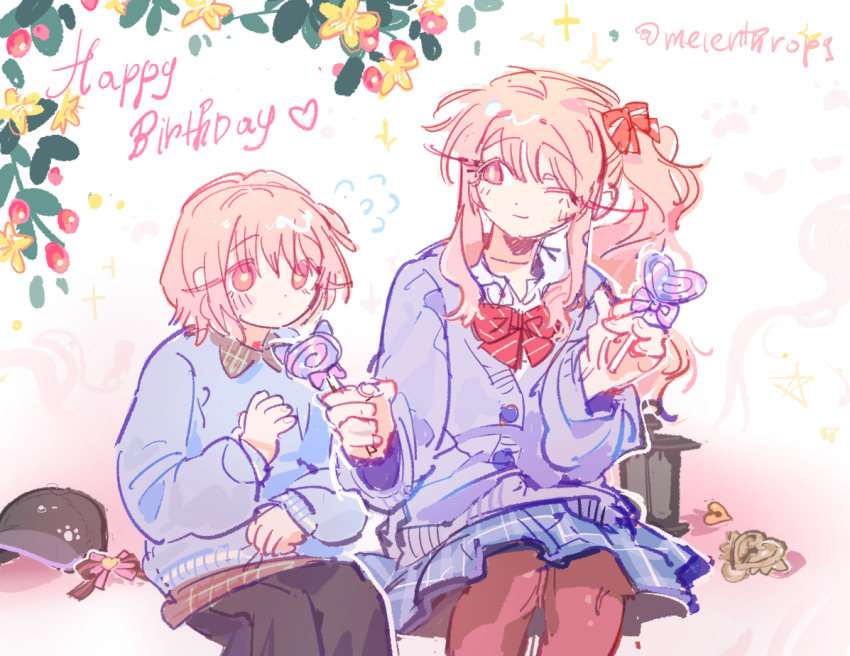 2others, age_difference, akiyama_mizuki, akiyama_mizuki_(middle_school), blue_sweater, candy, commentary, dual_persona, english_commentary, english_text, flower, food, happy_birthday, holding, holding_candy, holding_food, holding_lollipop, leaf, lollipop, long_hair, melenthropy, multiple_others, one_eye_closed, other_focus, pink_eyes, pink_hair, project_sekai, school_uniform, serafuku, short_hair, side_ponytail, sidelocks, simple_background, sitting, sketch, skirt, smile, sweater, time_paradox, white_background, yellow_flower