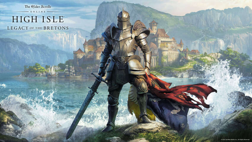 1boy, absurdres, armor, castle, copyright_name, day, english_text, european_architecture