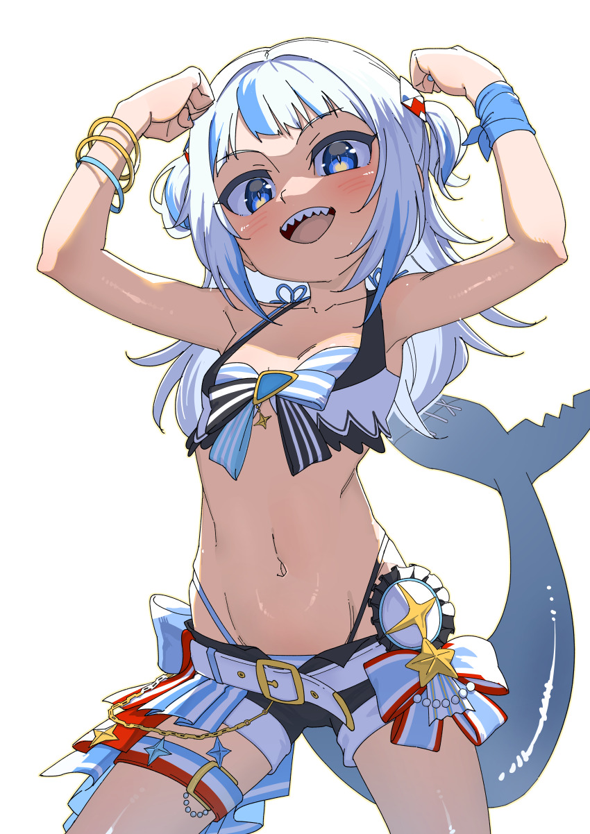 1girl, absurdres, belt, bikini, blue_bikini, blue_eyes, blue_hair, blue_nails, breasts, cleavage, cowboy_shot, fins, fish_tail, flexing, gawr_gura, groin, hair_ornament, highres, hololive, hololive_english, hololive_summer_2023_swimsuit, medium_hair, multicolored_hair, nail_polish, official_alternate_costume, petite, riza23, shark_girl, shark_hair_ornament, shark_tail, sharp_teeth, shorts, skinny, small_breasts, solo, streaked_hair, striped_bikini, striped_clothes, swimsuit, tail, teeth, thigh_belt, thigh_strap, transparent_background, two_side_up, virtual_youtuber, white_hair