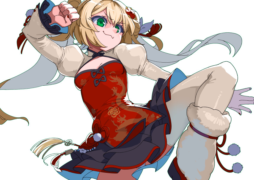 1girl, :3, absurdres, blonde_hair, breasts, china_dress, chinese_clothes, cropped_jacket