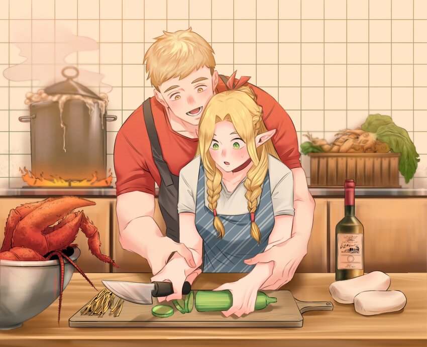 1boy, 1girl, apron, blonde_hair, blush, boiling, bottle, bowl