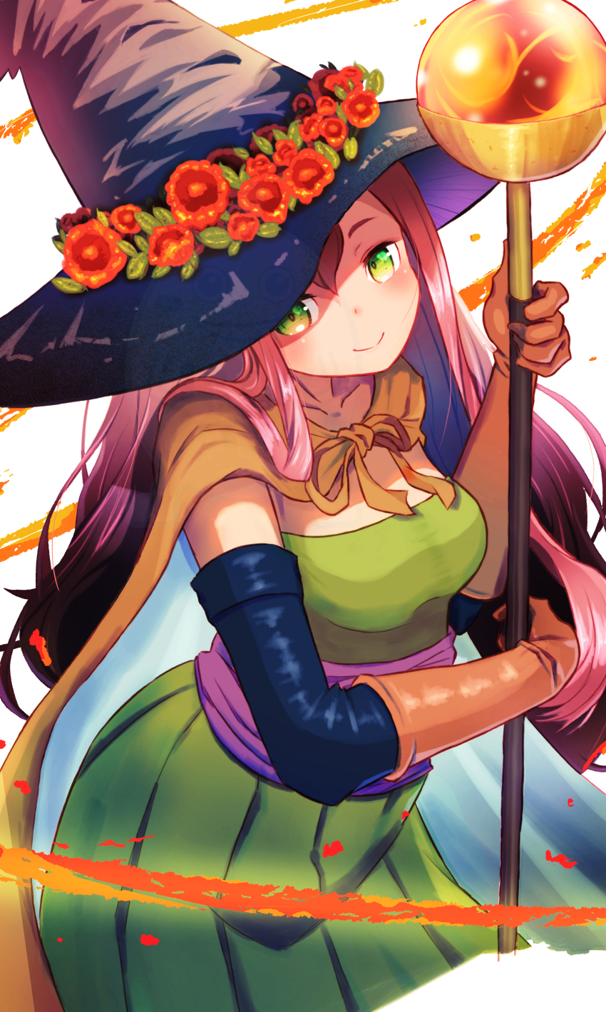 1girl, absurdres, black_hat, black_sleeves, breasts, cape, closed_mouth, commentary_request, detached_sleeves, dragon_quest, dragon_quest_iii, dress, floating_clothes, flower, gloves, green_dress, green_eyes, hat, hat_flower, highres, holding, holding_staff, long_hair, looking_at_viewer, mage_(dq3), mage_staff, medium_breasts, orange_cape, orange_gloves, pink_hair, red_flower, smile, solo, staff, stamac_jack, strapless, strapless_dress, two-sided_cape, two-sided_fabric, white_background, white_cape, witch_hat