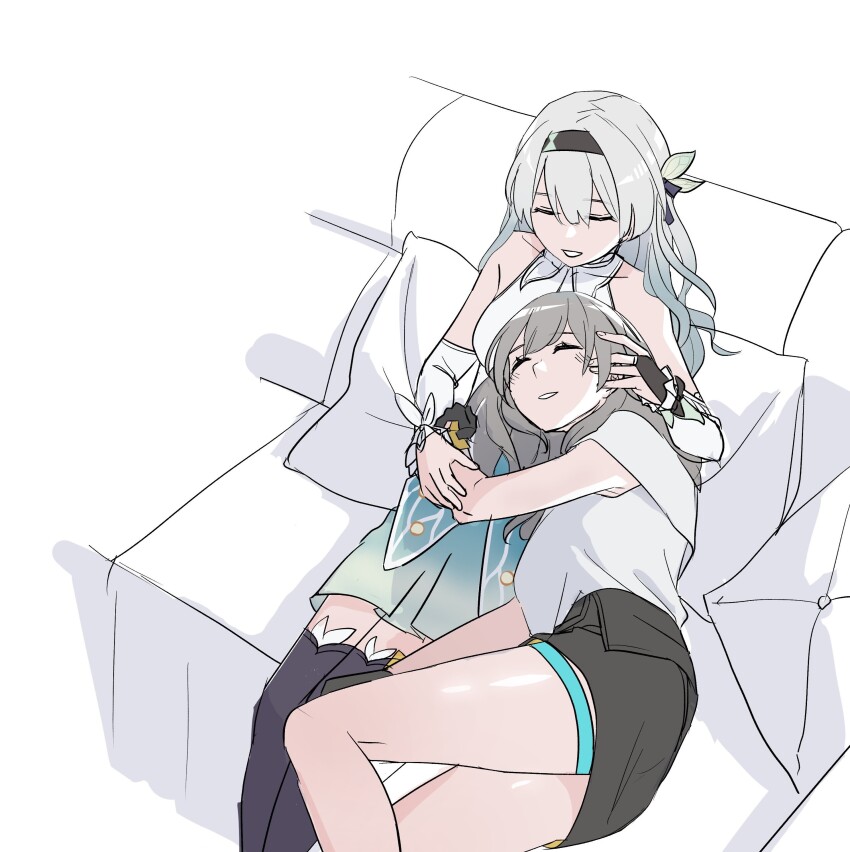 2girls, absurdres, black_gloves, black_skirt, black_thighhighs, blue_hair, blue_skirt, blush