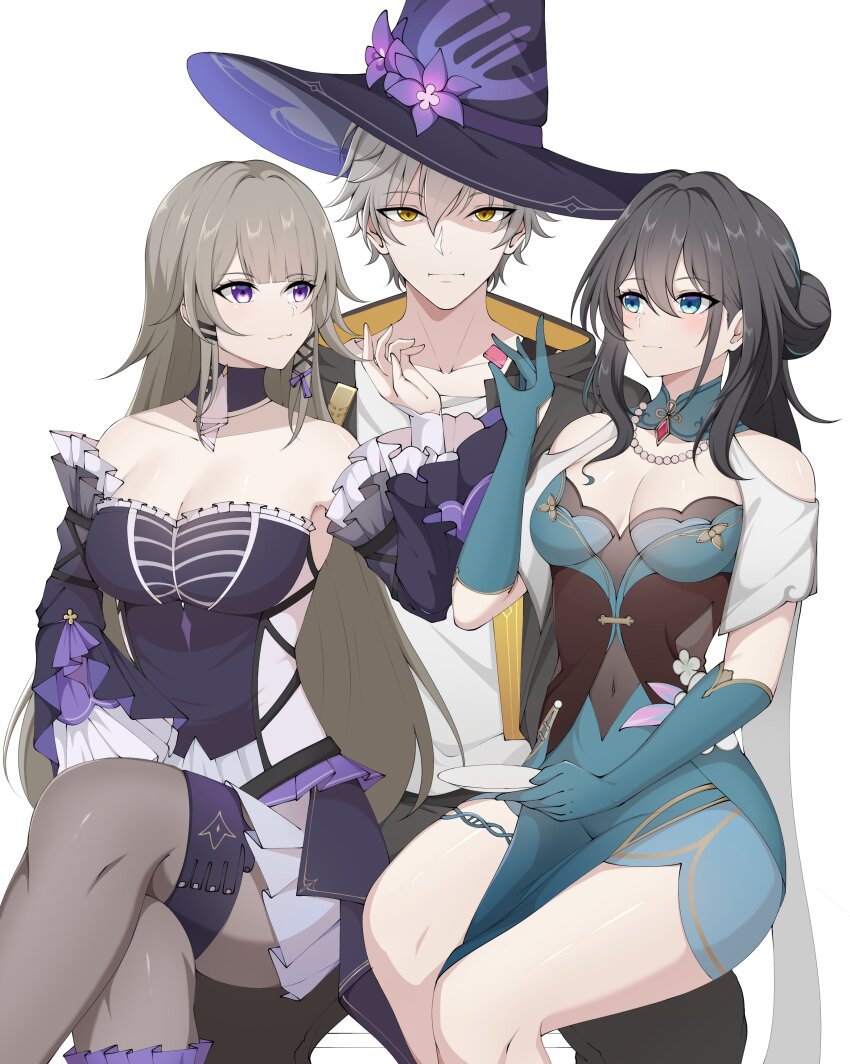 1girl, 2girls, absurdres, aqua_collar, aqua_dress, aqua_eyes, aqua_gloves, bead_necklace