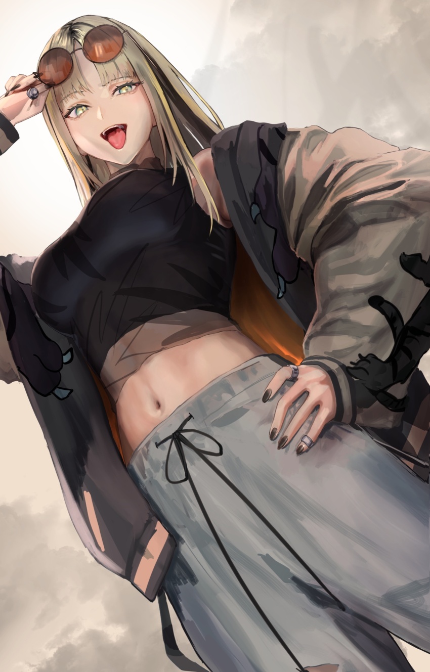 1girl, adjusting_eyewear, armpits, black_nails, black_tank_top, blonde_hair, breasts, crop_top