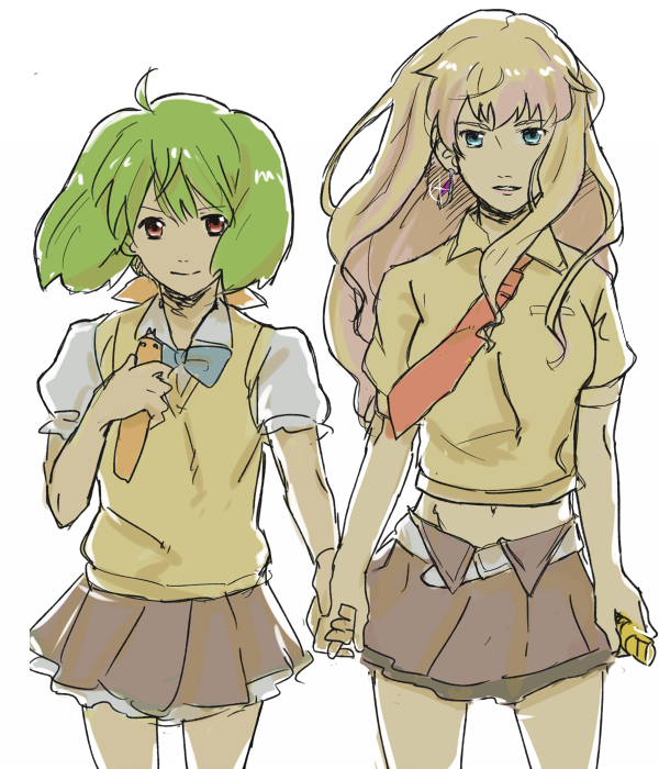 2girls, bad_id, bad_pixiv_id, blonde_hair, blue_eyes, earrings, green_hair, holding_hands, jewelry, long_hair, macross, macross_frontier, microphone, multiple_girls, ranka_lee, red_eyes, school_uniform, sheryl_nome, short_hair, simple_background, single_earring, urabe_(mstchan), urabe_(pixiv41789)