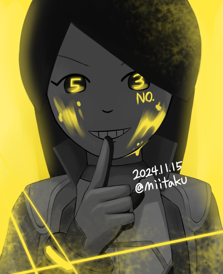 1girl, evil_grin, evil_smile, finger_to_mouth, glowing, glowing_eyes, greyscale, grin, highres, index_finger_raised, jumpsuit, long_hair, looking_at_viewer, mii_(nintendo), mii_gunner, mii_gunner_(smash_ultimate), miitaku, monochrome, nintendo, number_tattoo, numbered, shushing, smile, tattoo, upper_body, yellow_background, yellow_eyes