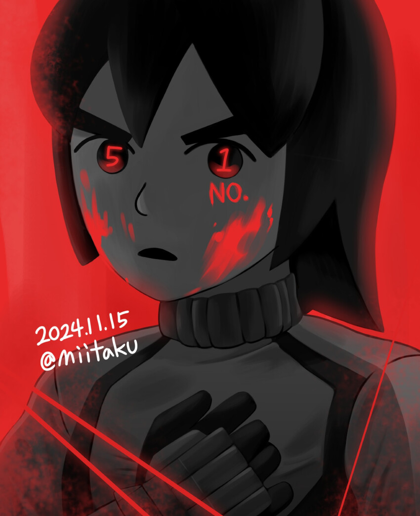 1boy, gloves, glowing, glowing_eyes, greyscale, hand_on_own_chest, highres, long_hair