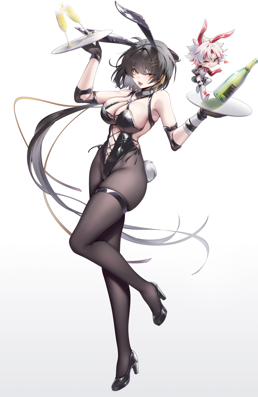 1boy, 1girl, absurdres, alternate_costume, animal_ears, bare_shoulders, black_bow, black_footwear