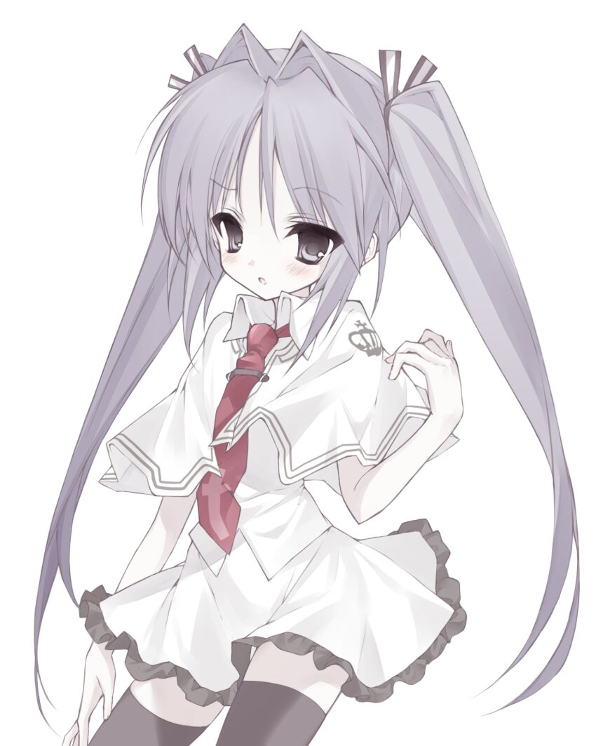 1girl, :o, anone_(00x02), arm_at_side, black_thighhighs, capelet, collared_shirt, cowboy_shot