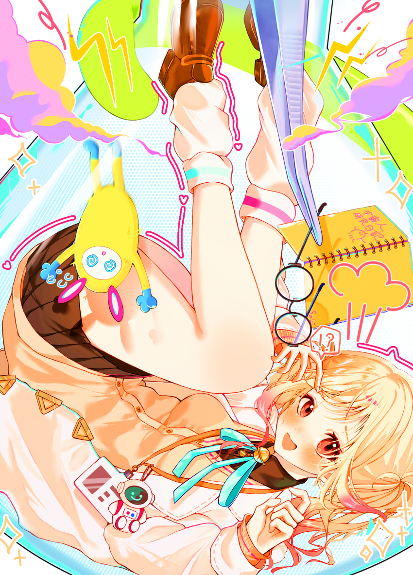 1girl, absurdres, black_skirt, blonde_hair, blush, brown_shoes, commentary_request, glasses, highres, jacket, loafers, long_sleeves, looking_at_viewer, multicolored_hair, open_mouth, pleated_skirt, project_sekai, red_eyes, ribbon, shoes, short_hair, skirt, smile, socks, solo, tenma_saki, unworn_eyewear, upside-down, user_jfcr4473